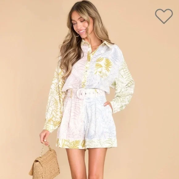 NEW Aura Linen Blend Botanical Print Long Sleeve Shirt and Matching Shorts - Picture 2 of 15